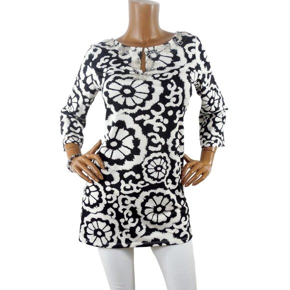 INC Top M Tunic Shirt Black/White Print Beaded Keyhole Stretch Blouse 3/4 Sleeve - Picture 3 of 13
